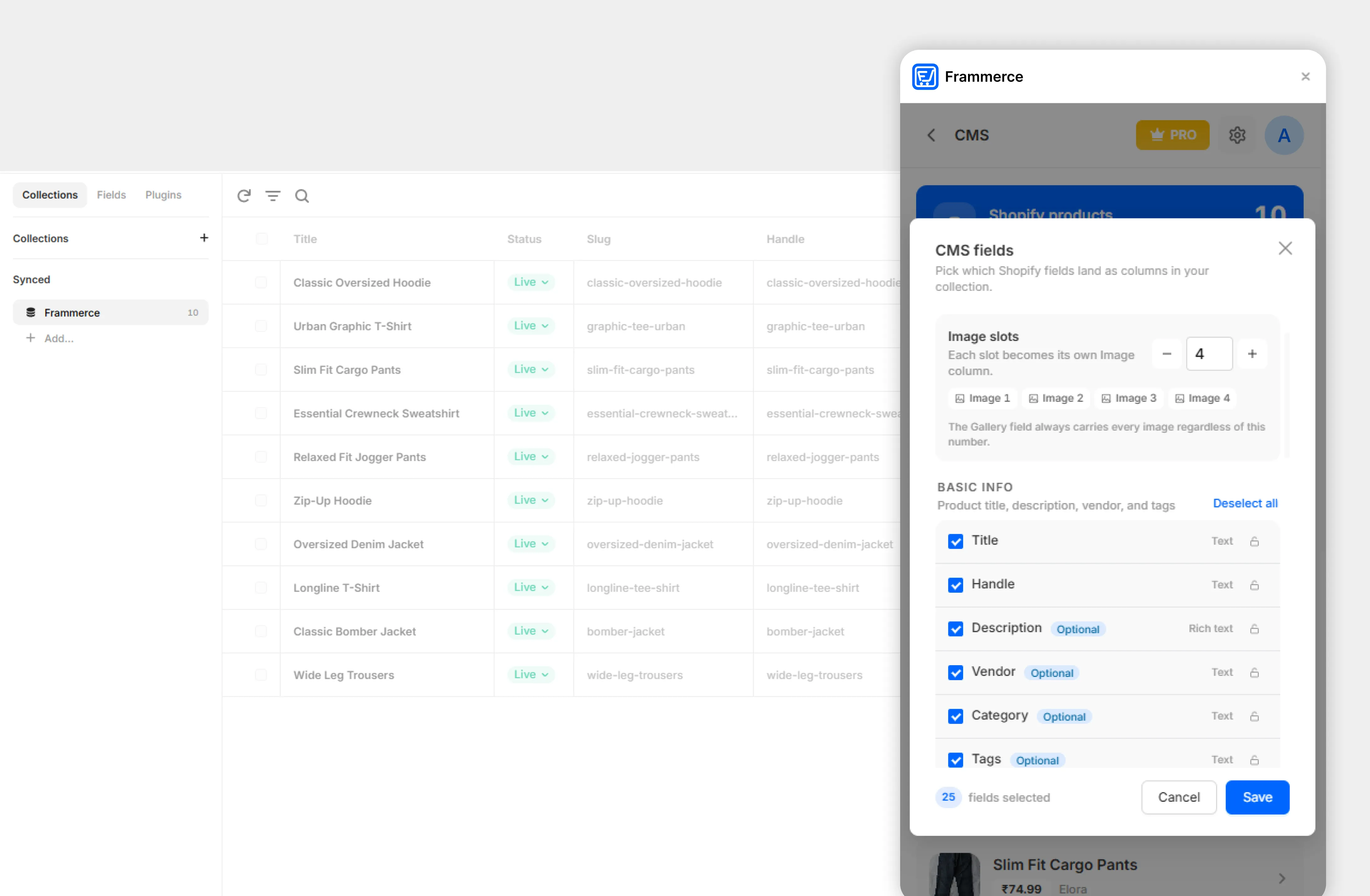 Frammerce CMS sync interface