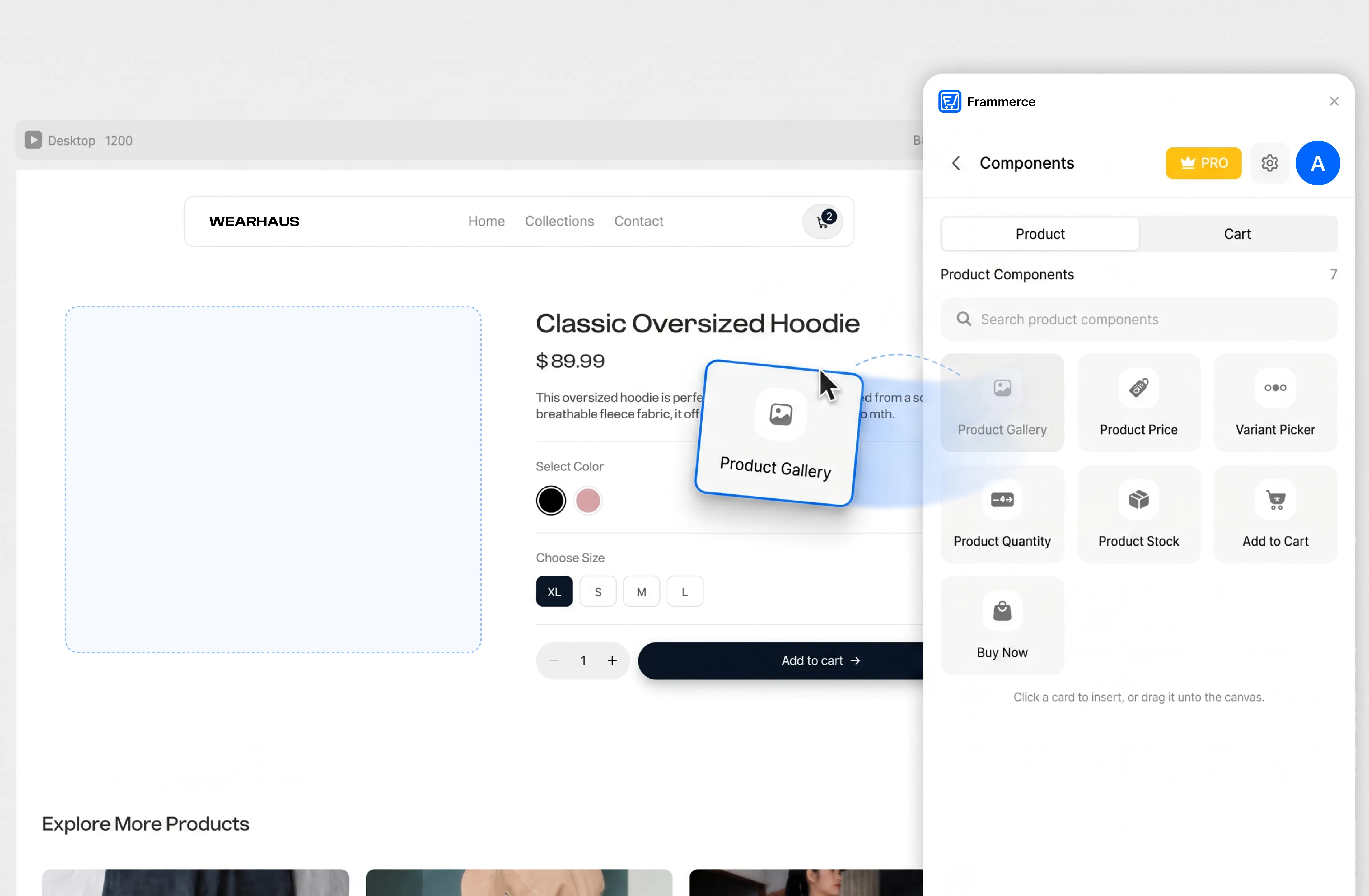 Dragging a product gallery onto the Framer canvas